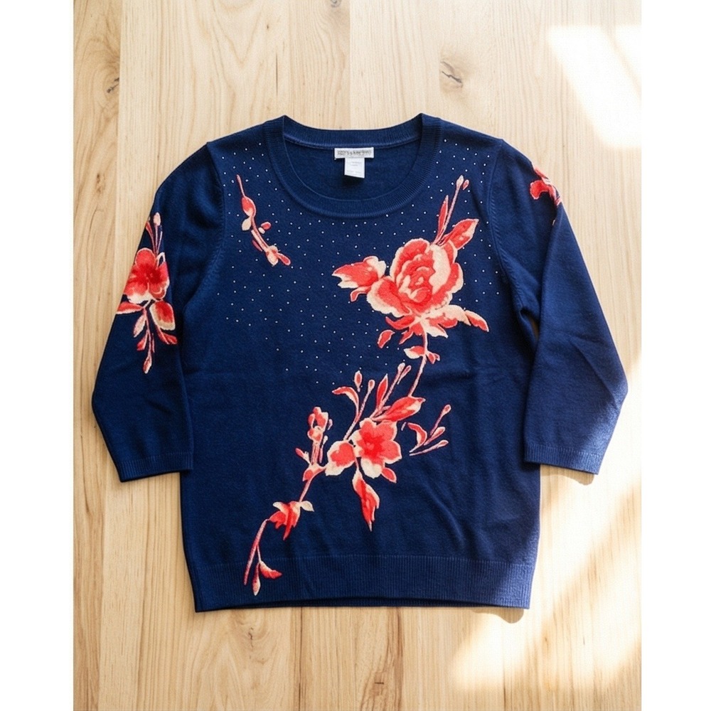 Cathy Daniels L Womens Navy Blue Floral Embroidered Studded Knit Sweater Large